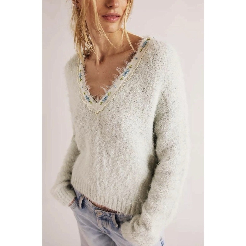 NWT Free People Snow Angel Pullover Sweater XS Matcha Latte Fuzzy Cottage